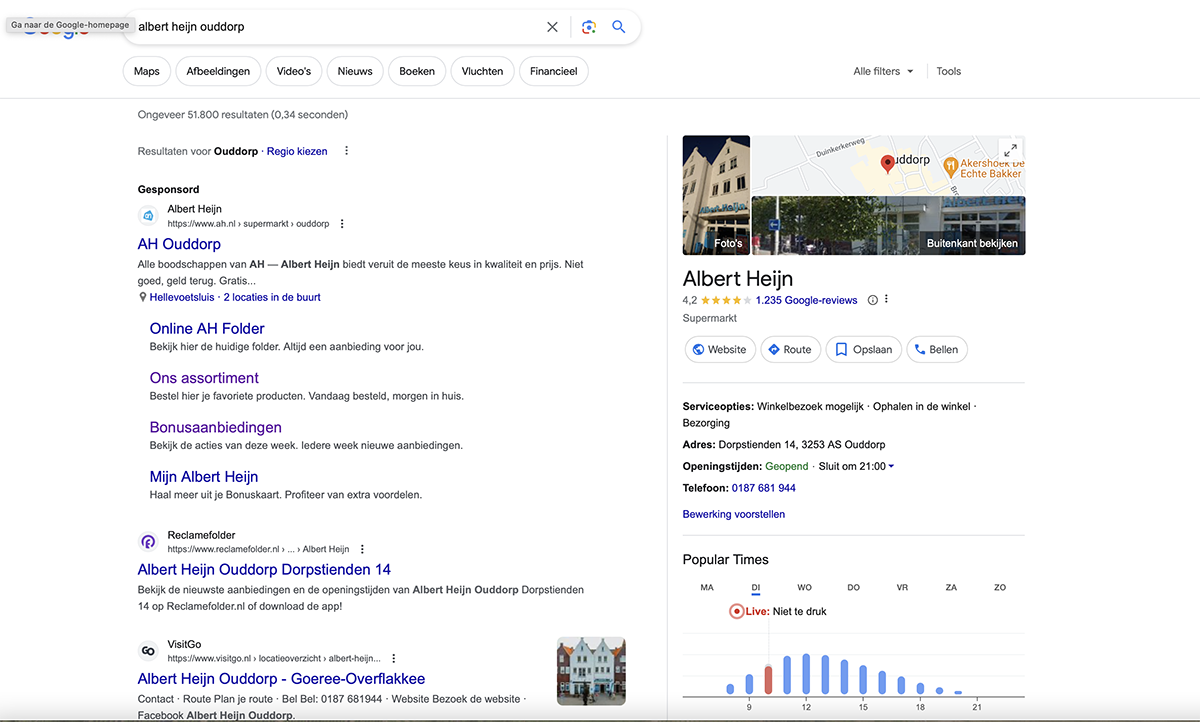 voorbeeld van zero click zoekresultaat local business