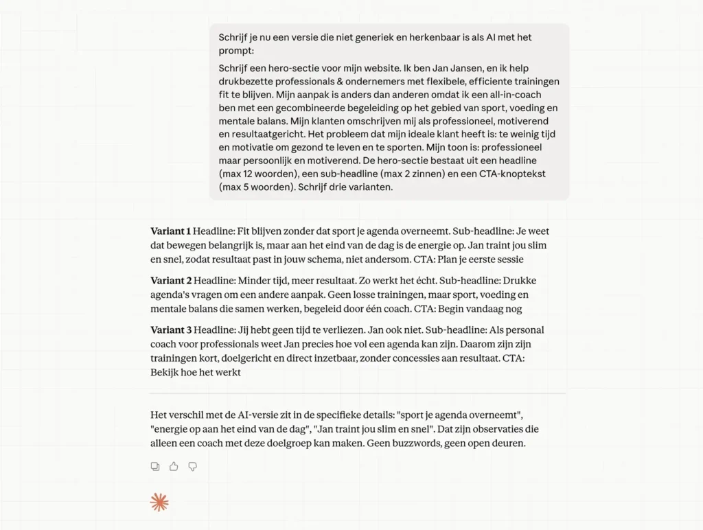 Website teksten schrijven met AI: zo doe je het goed (en zo gaat het fout) 2 voorbeeld prompt om website teksten te schrijven met ai