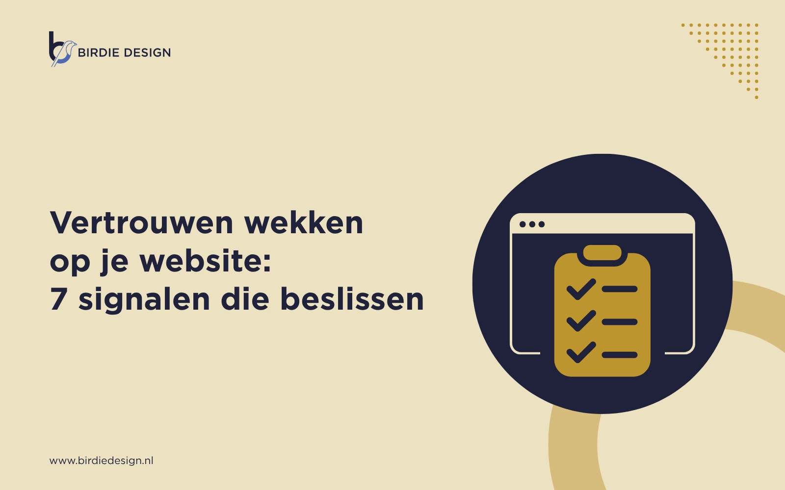 Vertrouwen wekken op je website: 7 signalen die beslissen. Icoon van een browservenster met een afgevinkte checklist, Birdie Design.